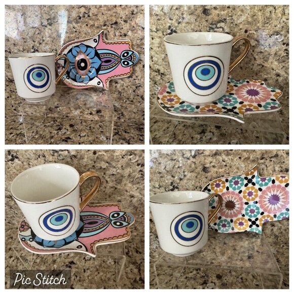200ml Nazar Evil Eye Ceramic Coffee Cup Hamsa Hand Saucer Dish Mug Drink Tea Cup - Picture 1 of 5